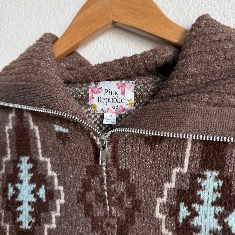 Pink Republic Brown Aztec Western Cowgirl Half Zip Sweater Women’s Size Medium - Picture 2 of 5